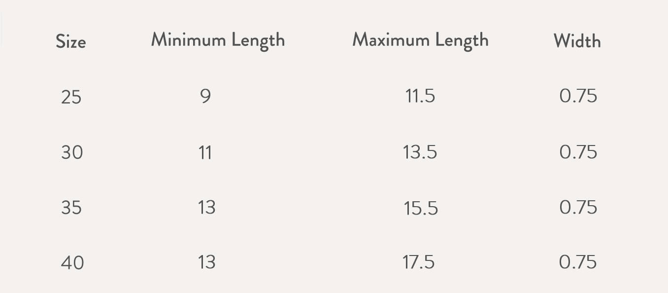 Size chart in inch