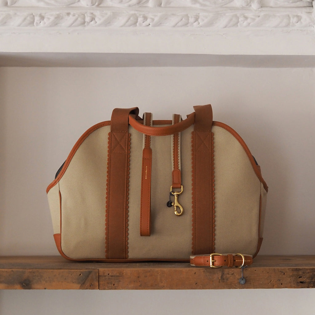 Mungo & Maud Luxury Dog & Cat Outfitters Bonbon Leather Cotton Canvas Dog Bag Dog Collar & Lead Brown