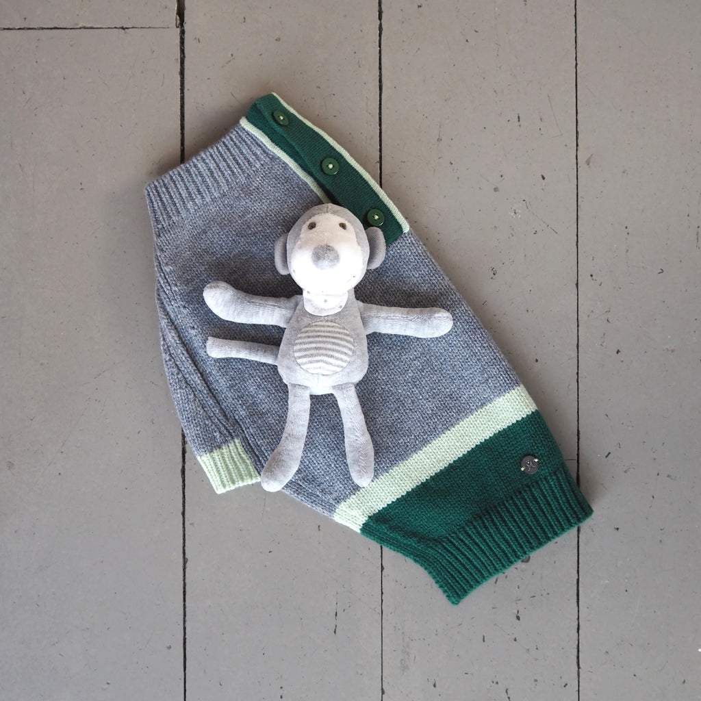 Mungo & Maud Luxury Dog & Cat Outfitters Obi Merino Cashmere Dog Pullover Grey Green Moe the Mini Monkey Dog Toy