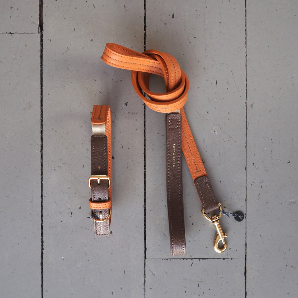 Mungo & Maud Luxury Dog & Cat Outfitters Bauhaus Leather Dog Collar & Lead Orange Brown