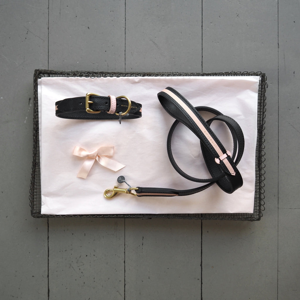 Mungo & Maud Luxury Dog & Cat Outfitters Torino Leather Dog Collar & Lead Black Pink