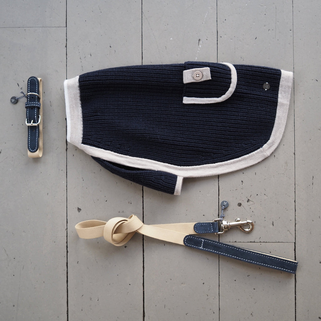 Mungo & Maud Luxury Dog & Cat Outfitters Baseball Cotton Suede Dog Lead Beige Blue Archer Merino Dog Pullover Blue