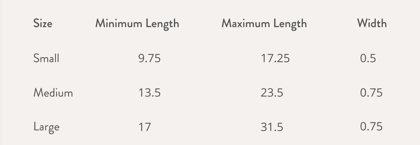 Size chart in inch