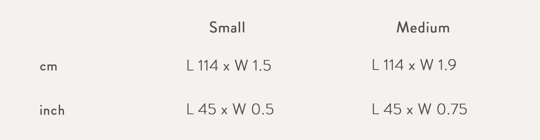 Size chart in cm