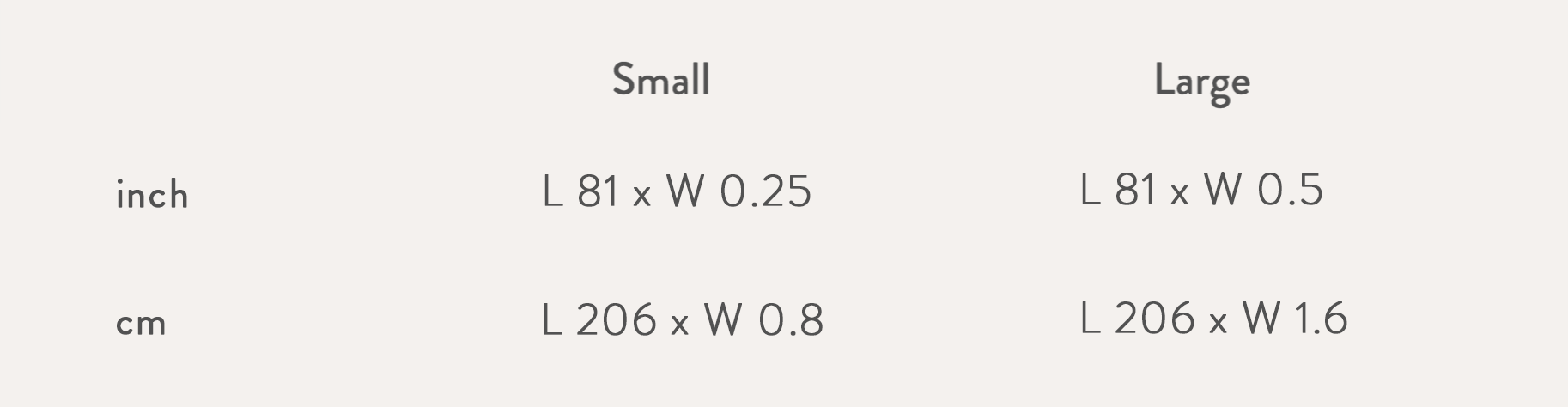 Size chart in inch