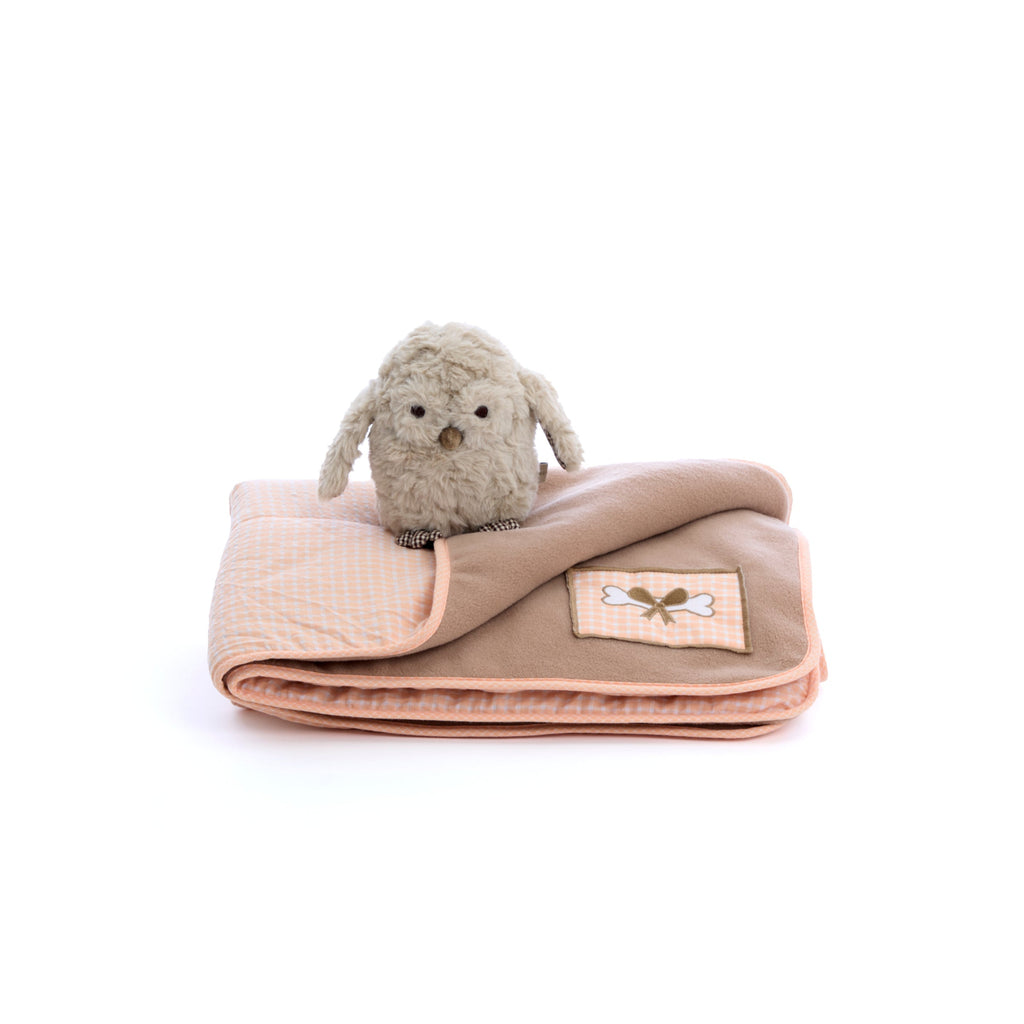 Mungo & Maud Luxury Dog & Cat Outfitters Snuggle Cotton Fleece Dog Blanket Orange Beige Ooo Noo Owl Dog Toy Grey