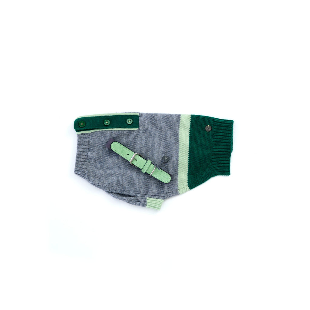 Mungo & Maud Luxury Dog & Cat Outfitters Obi Merino Cashmere Dog Pullover Grey Green Baseball Cotton Suede Dog Collar Grey Green